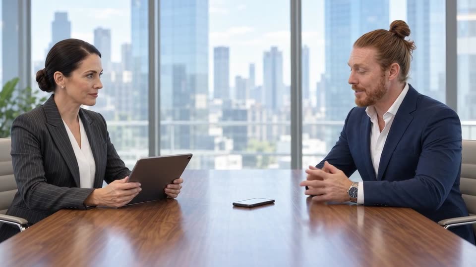 The presenter meeting a department head with a tablet in a boardroom