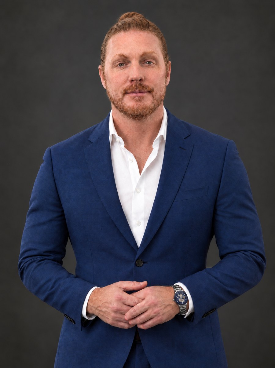 Portrait of Jacob Rosa in a navy blazer and white shirt