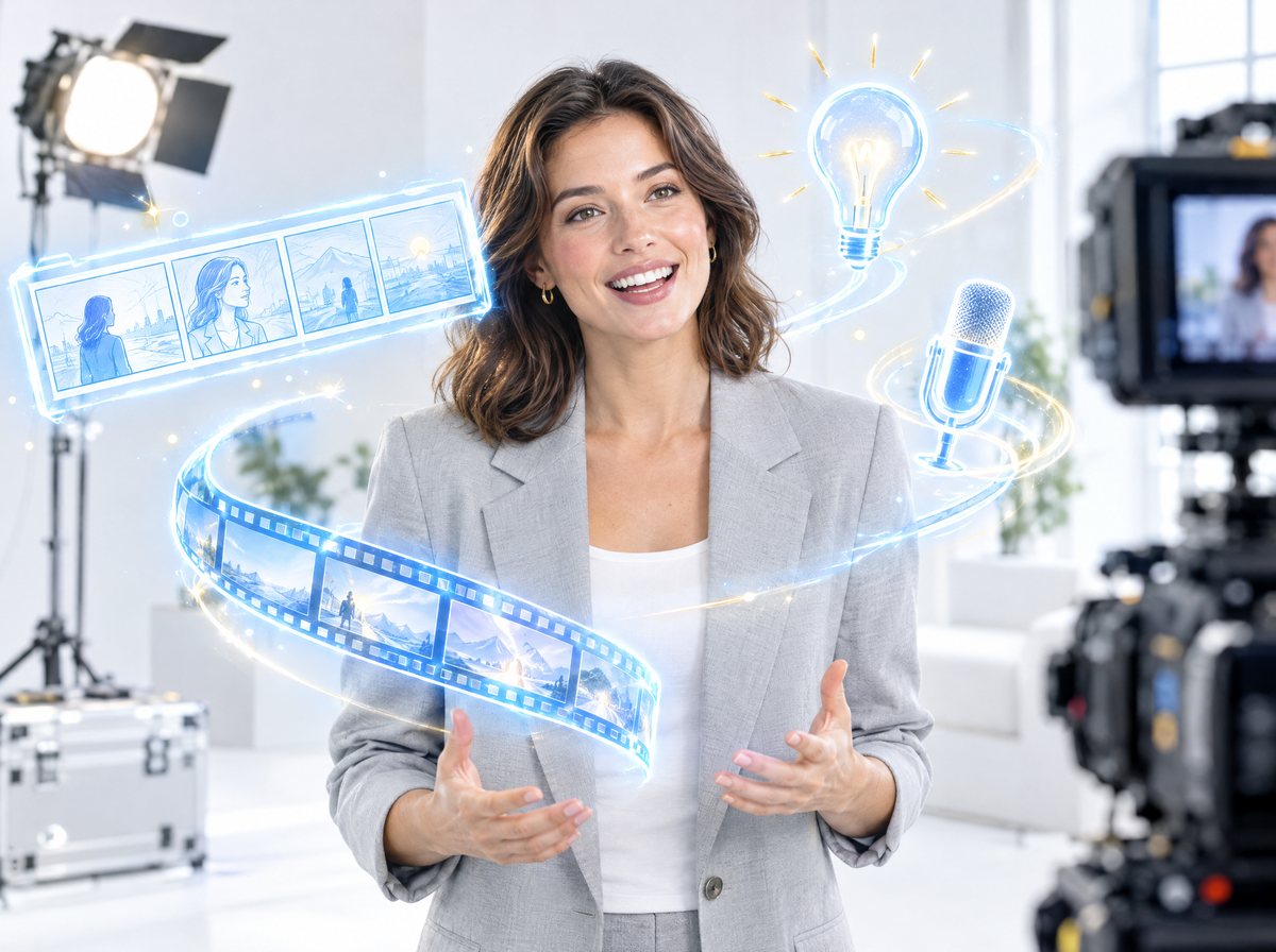 A presenter speaking to a camera in a bright studio, surrounded by holographic storyboard frames