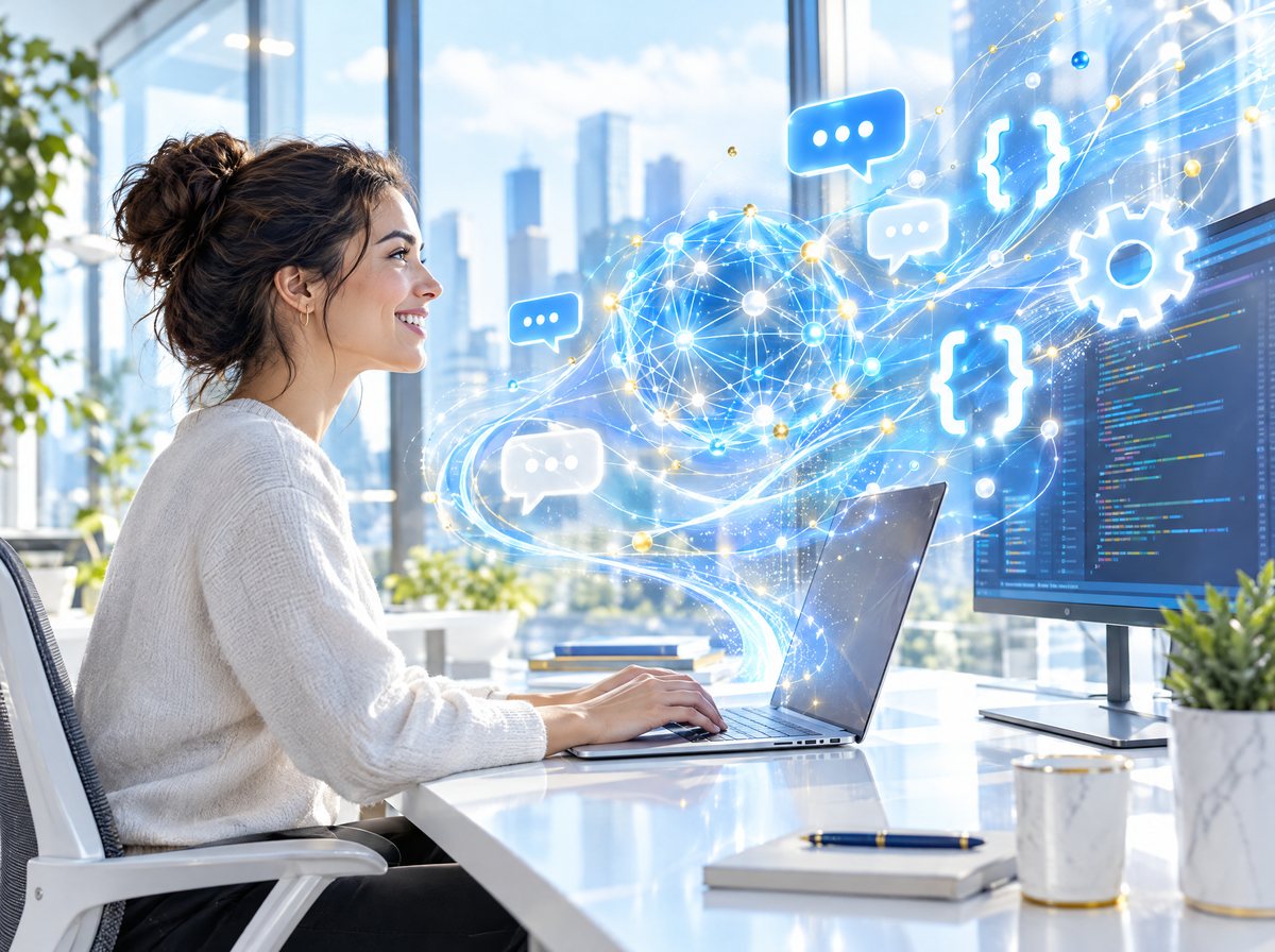 A developer at a bright desk with holographic network lines flowing out of the screen