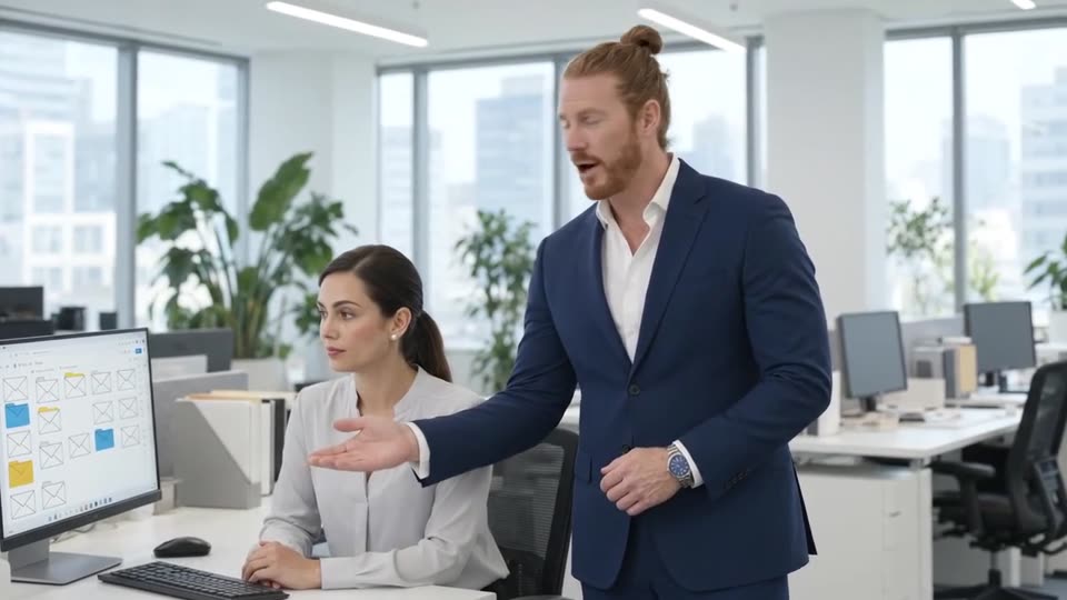 The presenter showing an office worker an email assistant on her screen
