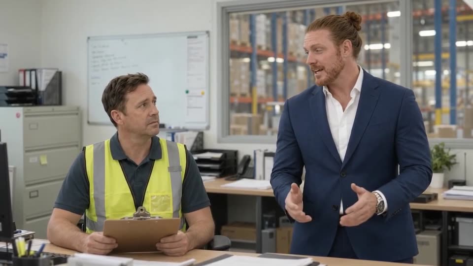 The presenter talking with a warehouse lead in a hi-vis vest